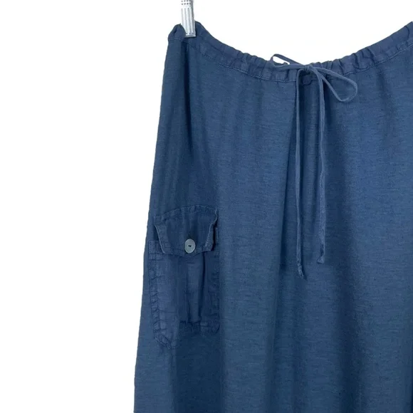 Cut Loose Cotton-Linen Blend Drawstring Long Midi Skirt Blue Size L